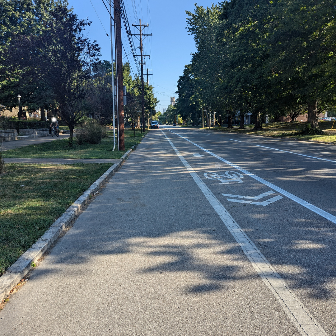 3rd Street looking north in Old Louisville. There are two car driving lanes and an unprotected bike lane. A cyclist is riding on the sidewalk. 